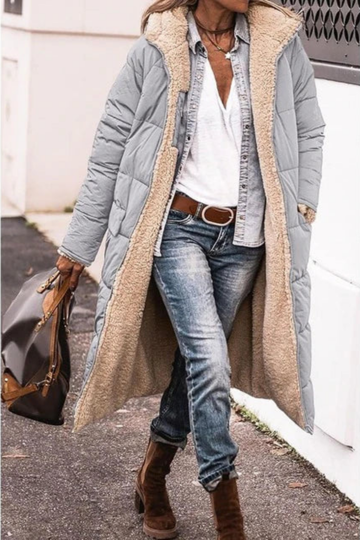 Women's Reversible Hooded Puffer Coat with Sherpa Texture, Grey, view 12