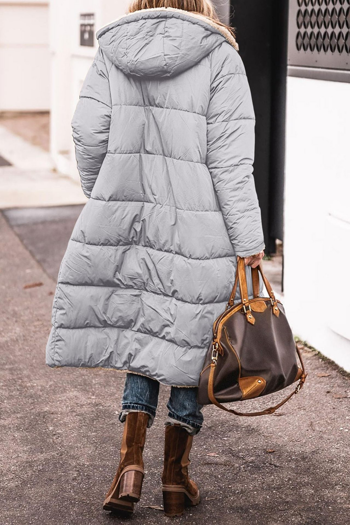 Women's Reversible Hooded Puffer Coat with Sherpa Texture, view 13