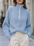 Women's Ribbed Half-Zip Jumper with Stand Collar, Light Blue, view 1