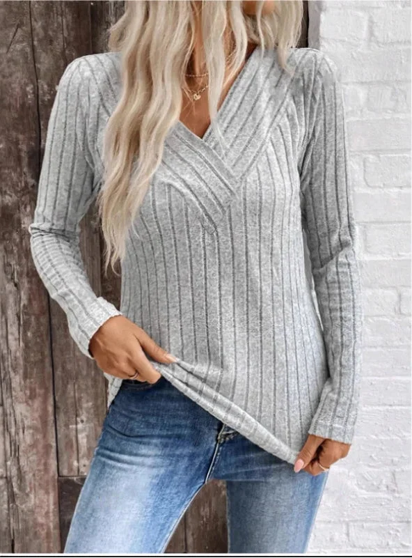 Women's Ribbed Jumper with Crossover V-Neck and Long Sleeves, Grey, view 1
