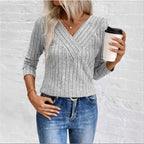 Women's Ribbed Jumper with Crossover V-Neck and Long Sleeves, view 2