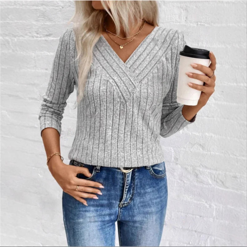 Women's Ribbed Jumper with Crossover V-Neck and Long Sleeves, view 2