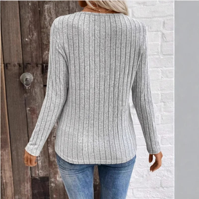 Women's Ribbed Jumper with Crossover V-Neck and Long Sleeves, view 3