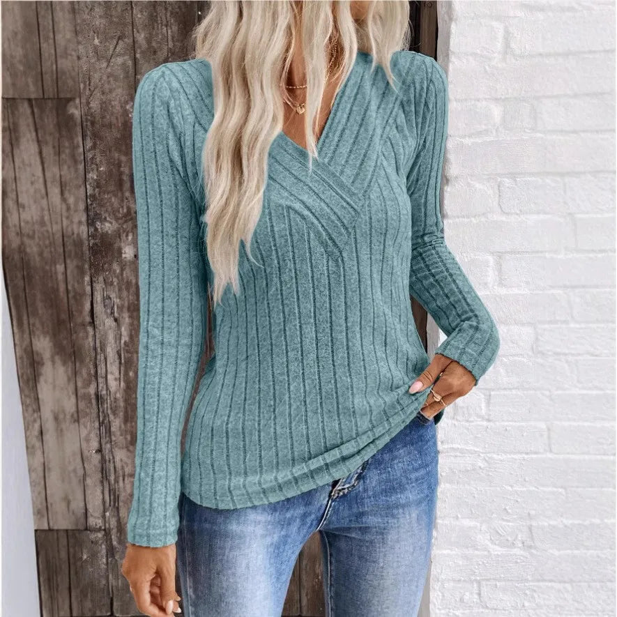 Women's Ribbed Jumper with Crossover V-Neck and Long Sleeves, Blue, view 4
