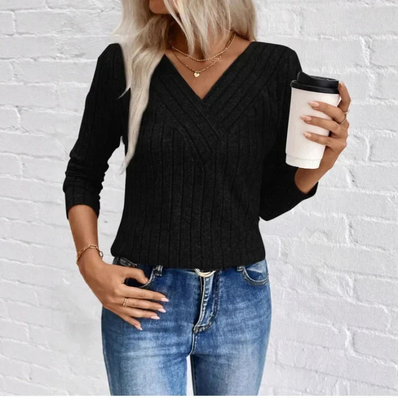 Women's Ribbed Jumper with Crossover V-Neck and Long Sleeves, Black, view 5