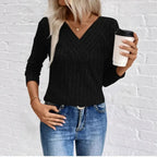 Women's Ribbed Jumper with Crossover V-Neck and Long Sleeves, Black, view 5