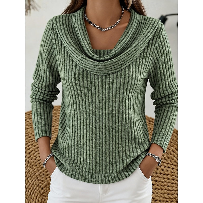 Women's Ribbed Jumper with Draped Cowl Neck, Green, view 1
