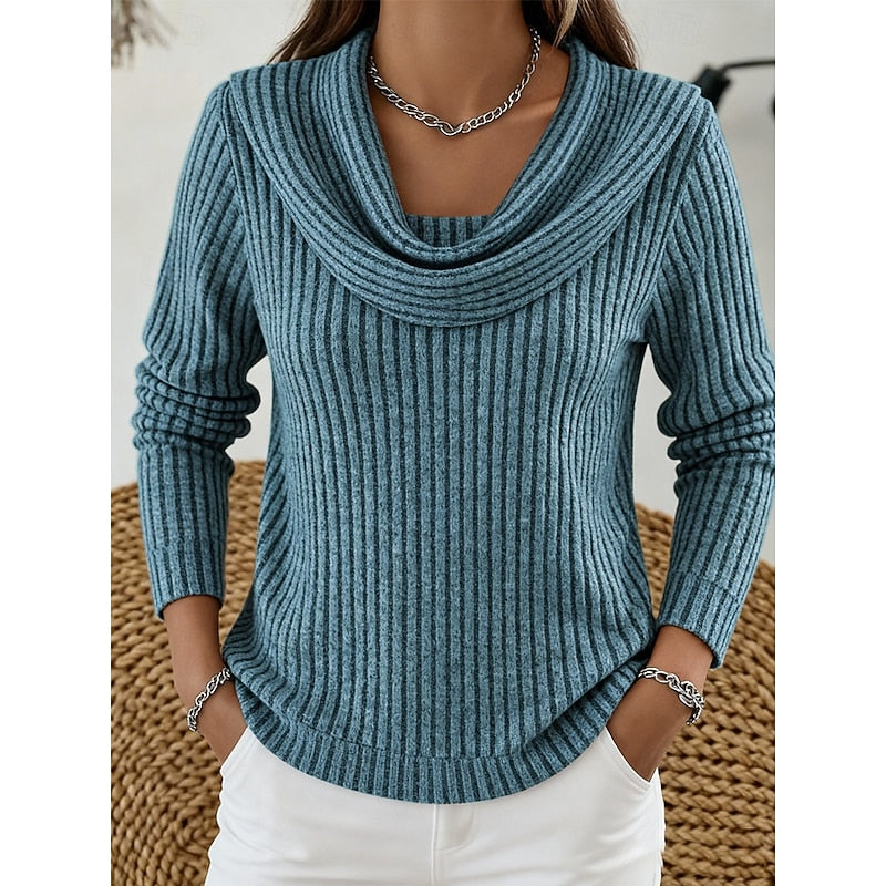 Women's Ribbed Jumper with Draped Cowl Neck, Peacock Blue, view 3
