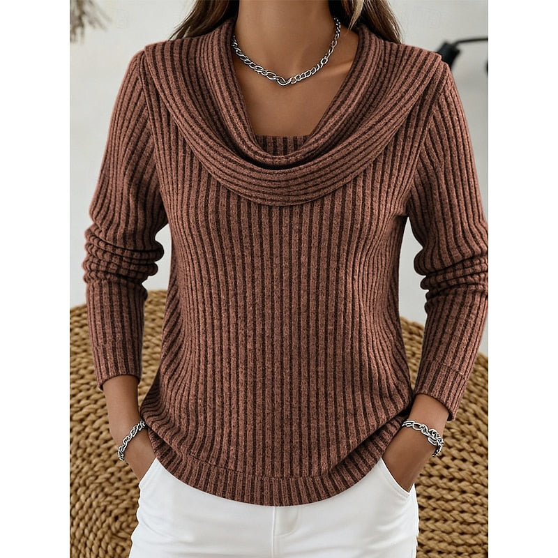 Women's Ribbed Jumper with Draped Cowl Neck, Dark Brown, view 5