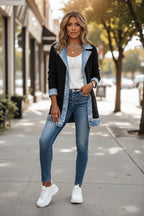 Women's Ribbed Knit Cardigan Jacket with Denim Collar, Black, view 2