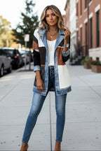Women's Ribbed Knit Cardigan Jacket with Denim Collar, White-Blue, view 3