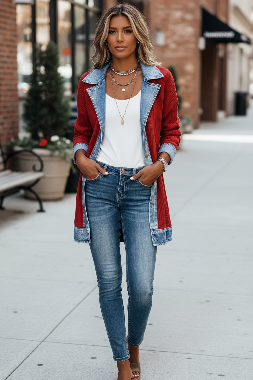 Women's Ribbed Knit Cardigan Jacket with Denim Collar, Red, view 4