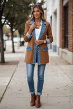 Women's Ribbed Knit Cardigan Jacket with Denim Collar, Khaki, view 5