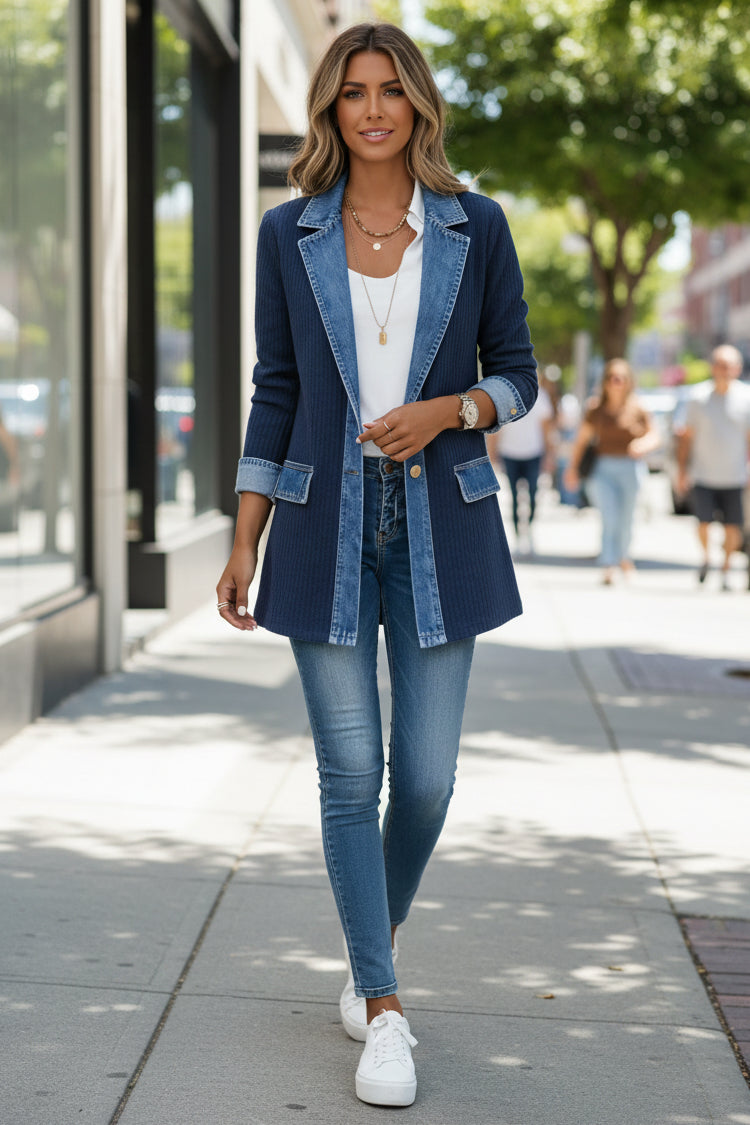 Women's Ribbed Knit Cardigan Jacket with Denim Collar, Navy Blue, view 6