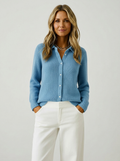 Women's Ribbed Knit Cardigan with Spread Collar, Blue, view 1