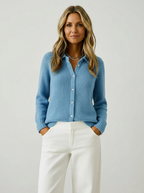 Women's Ribbed Knit Cardigan with Spread Collar, Blue, view 1