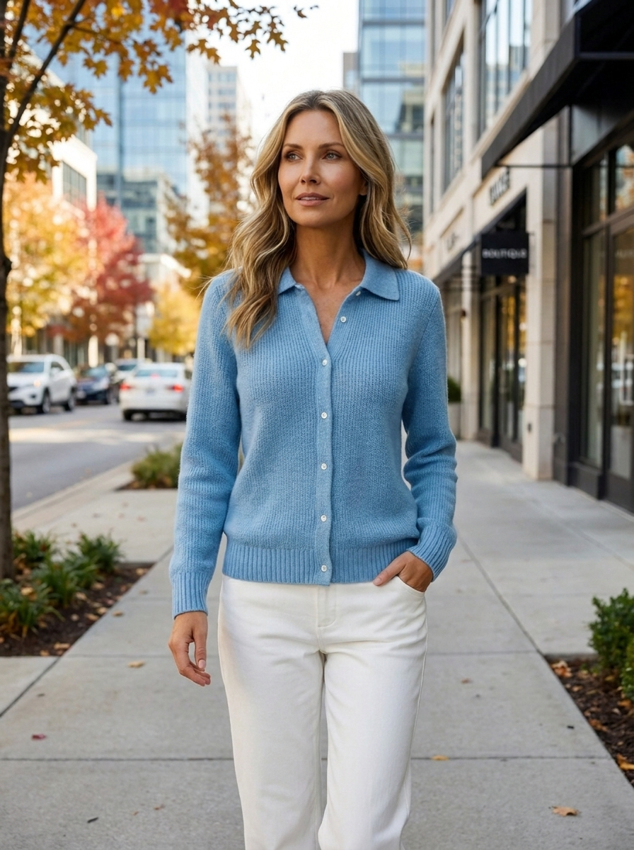 Women's Ribbed Knit Cardigan with Spread Collar, view 2