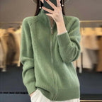 Women's Ribbed Knit Cardigan with Stand Collar and Full Zip, Green, view 1
