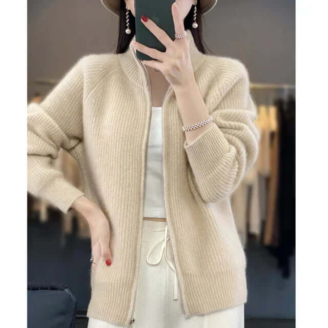 Women's Ribbed Knit Cardigan with Stand Collar and Full Zip, Beige, view 2