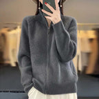 Women's Ribbed Knit Cardigan with Stand Collar and Full Zip, Grey, view 3