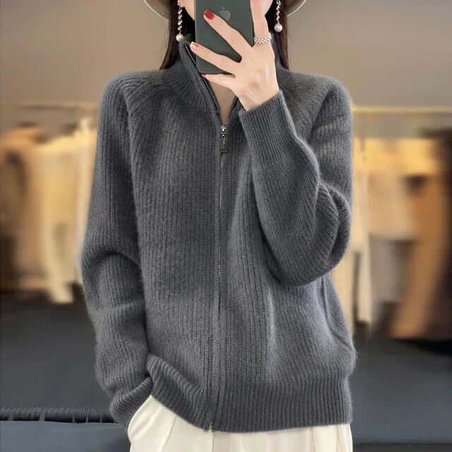 Women's Ribbed Knit Cardigan with Stand Collar and Full Zip, Grey, view 3