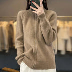 Women's Ribbed Knit Cardigan with Stand Collar and Full Zip, Brown, view 4