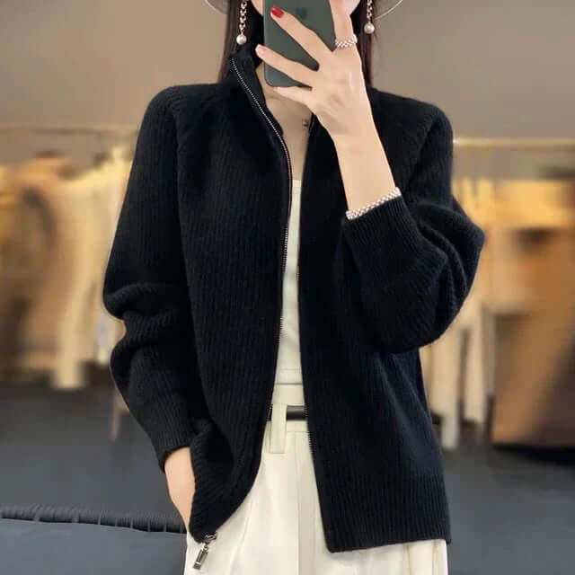 Women's Ribbed Knit Cardigan with Stand Collar and Full Zip, Black, view 5