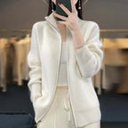 Women's Ribbed Knit Cardigan with Stand Collar and Full Zip, White, view 6