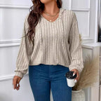 Women's Ribbed Knit Hoodie with V-Neck and Drawstring Hood, Khaki, view 4