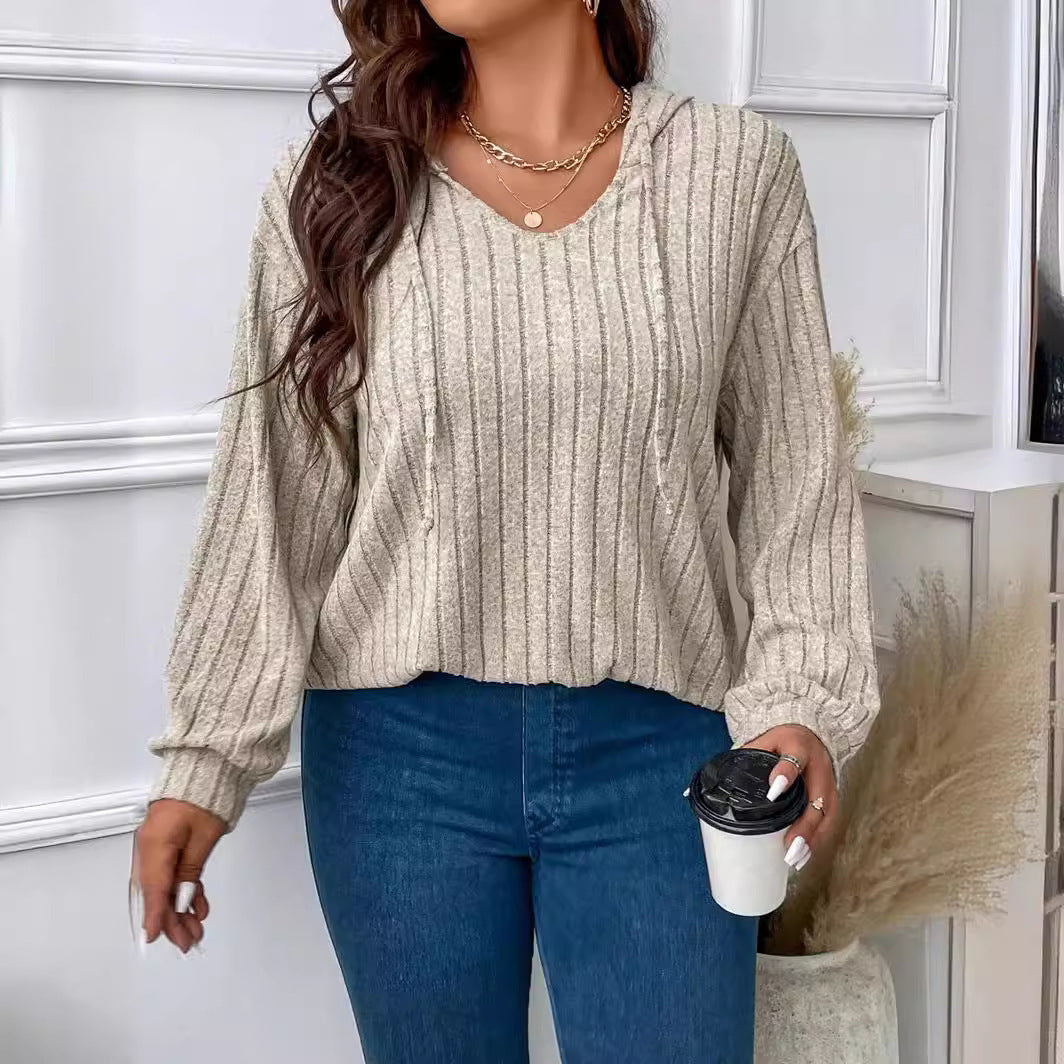 Women's Ribbed Knit Hoodie with V-Neck and Drawstring Hood, Khaki, view 4