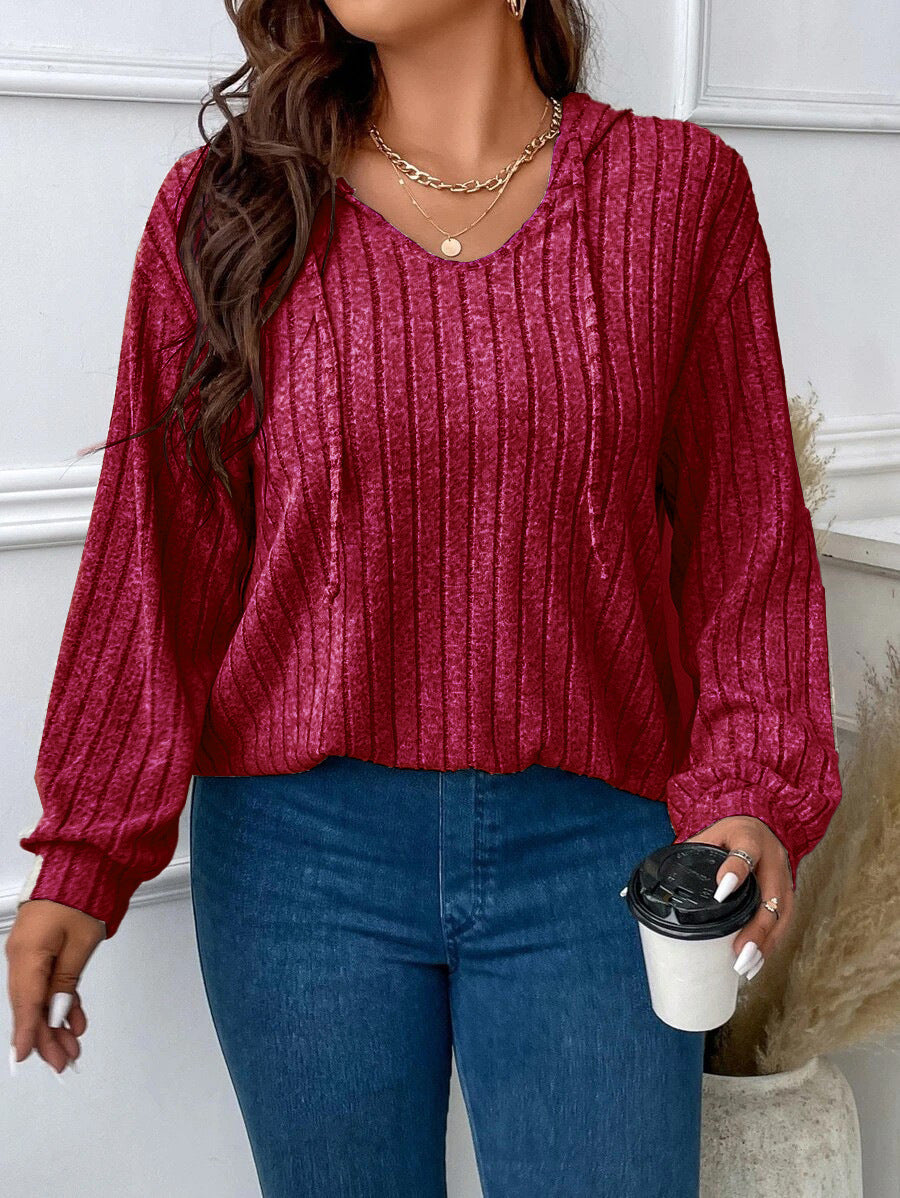 Women's Ribbed Knit Hoodie with V-Neck and Drawstring Hood, Wine red, view 6