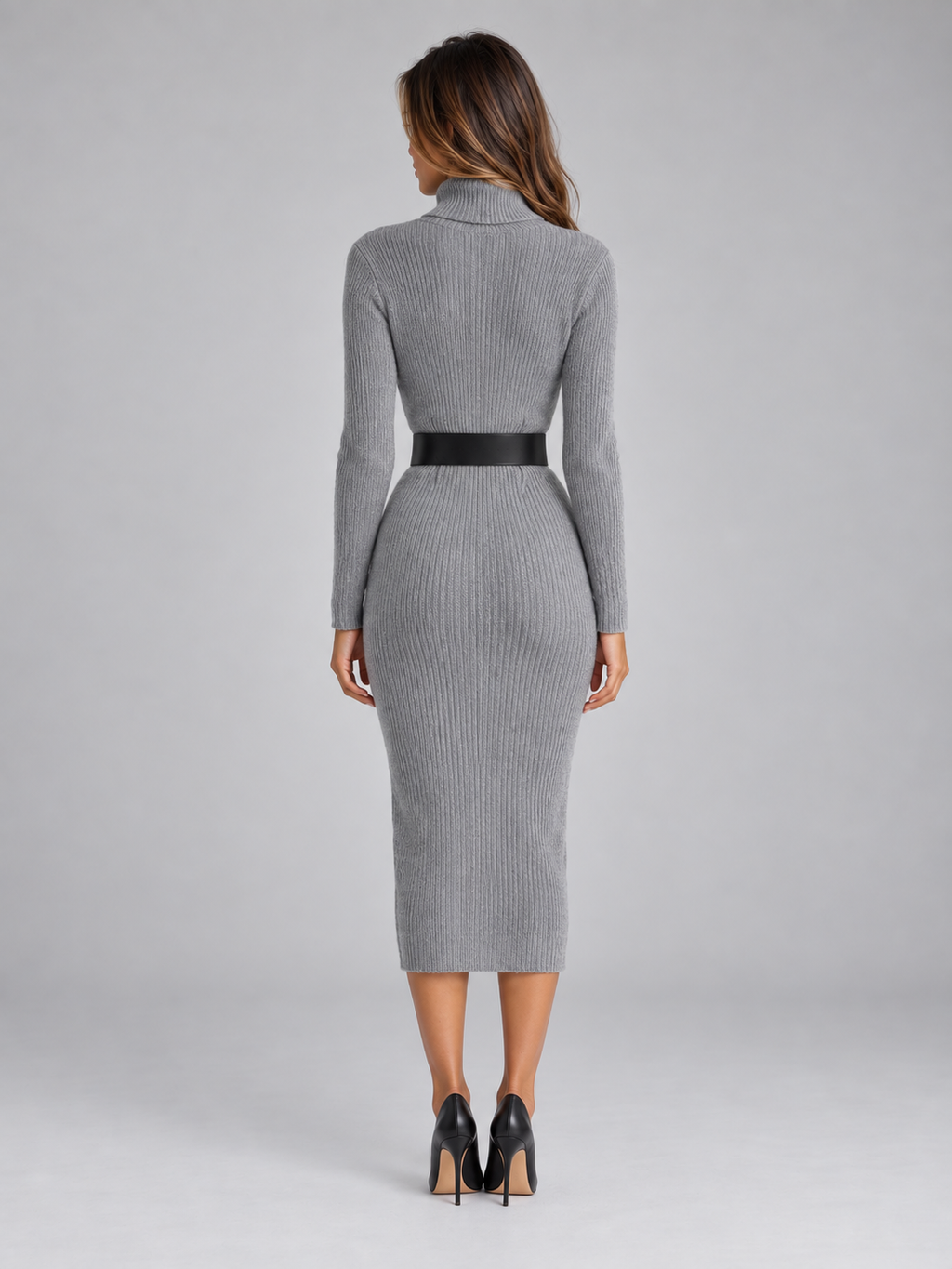 Women's Ribbed Knit Midi Dress with Belt and Turtleneck, view 3