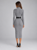 Women's Ribbed Knit Midi Dress with Belt and Turtleneck, view 3