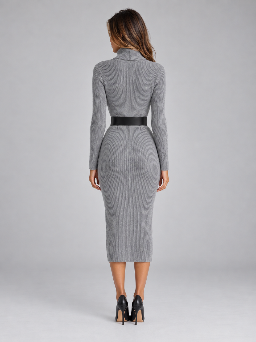 Women's Ribbed Knit Midi Dress with Belt and Turtleneck, view 3