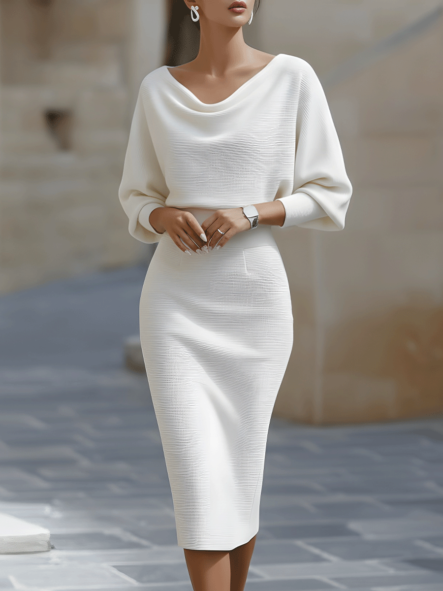 Women's Ribbed Knit Midi Dress with Draped Neckline and Wide Sleeves, White, view 1