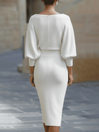 Women's Ribbed Knit Midi Dress with Draped Neckline and Wide Sleeves, view 2