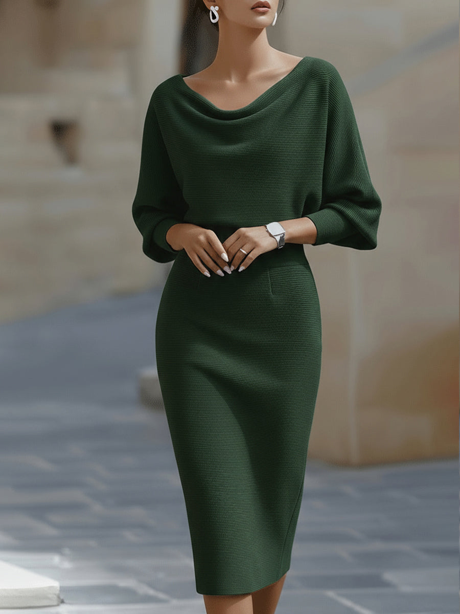 Women's Ribbed Knit Midi Dress with Draped Neckline and Wide Sleeves, Green, view 3