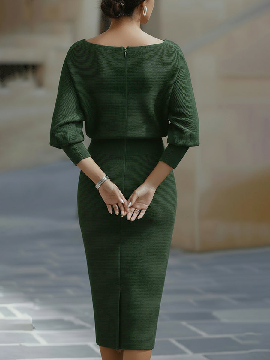 Women's Ribbed Knit Midi Dress with Draped Neckline and Wide Sleeves, view 4