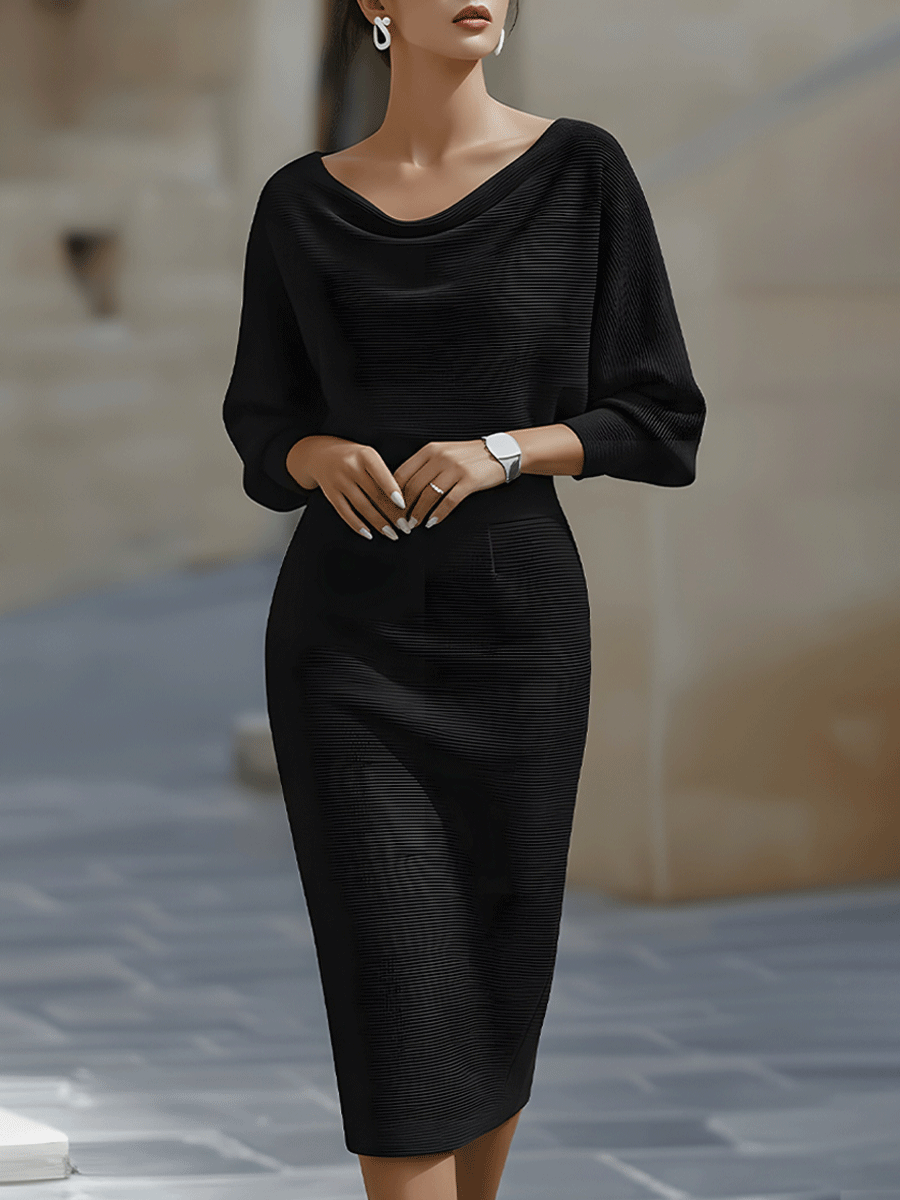 Women's Ribbed Knit Midi Dress with Draped Neckline and Wide Sleeves, Black, view 5