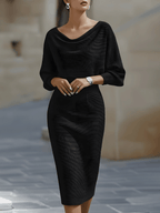 Women's Ribbed Knit Midi Dress with Draped Neckline and Wide Sleeves, Black, view 5