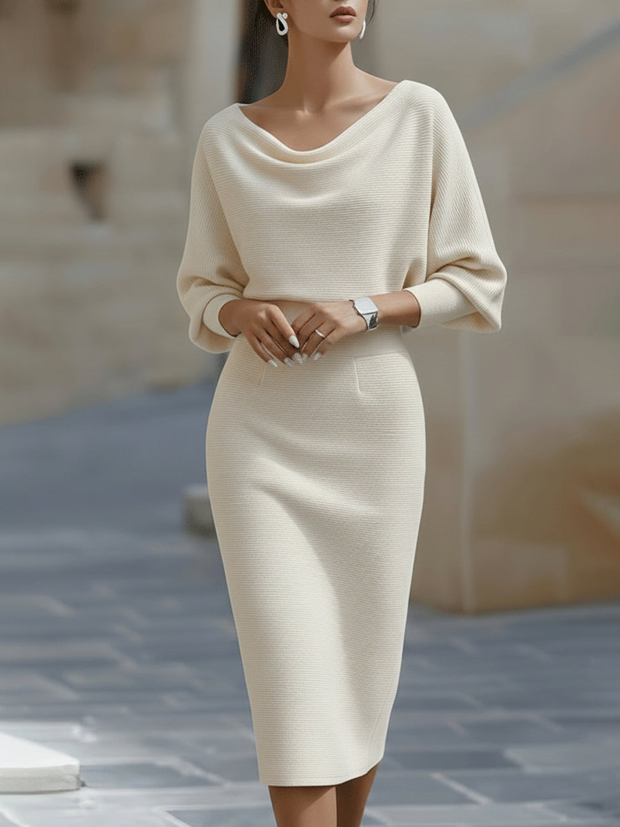 Women's Ribbed Knit Midi Dress with Draped Neckline and Wide Sleeves, Beige, view 6