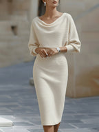 Women's Ribbed Knit Midi Dress with Draped Neckline and Wide Sleeves, Beige, view 6