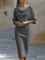 Women's Ribbed Knit Midi Dress with Draped Neckline and Wide Sleeves, Grey, view 7