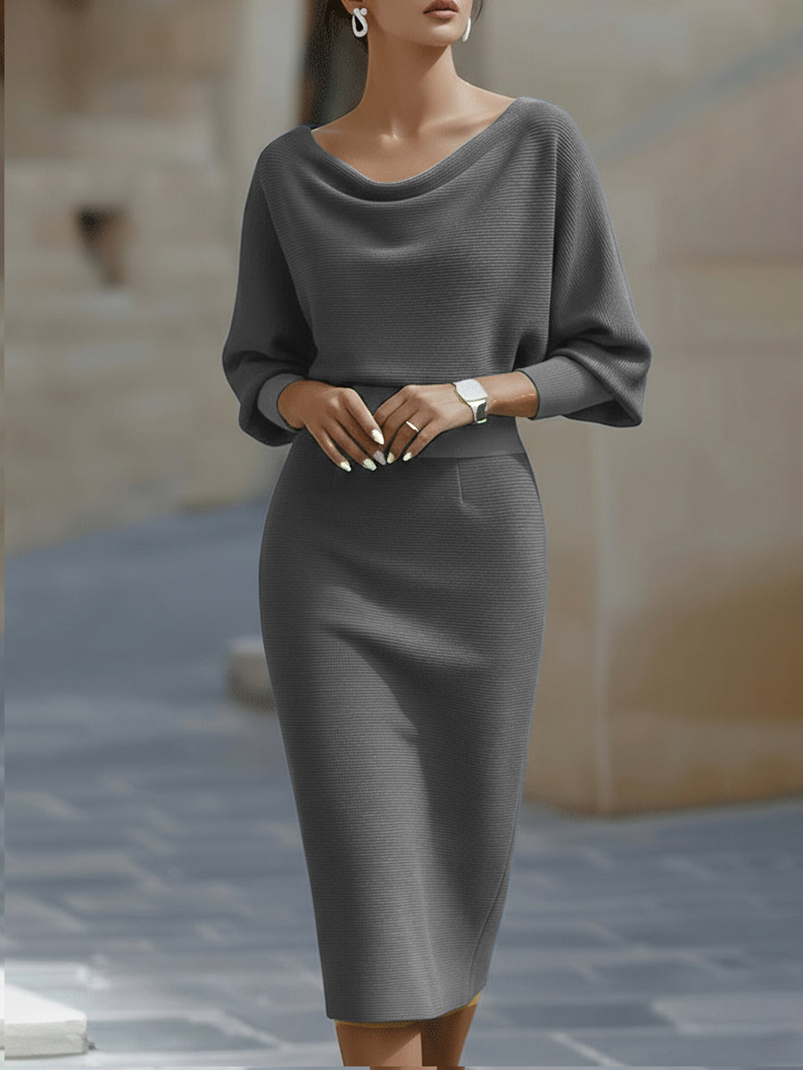 Women's Ribbed Knit Midi Dress with Draped Neckline and Wide Sleeves, Grey, view 7