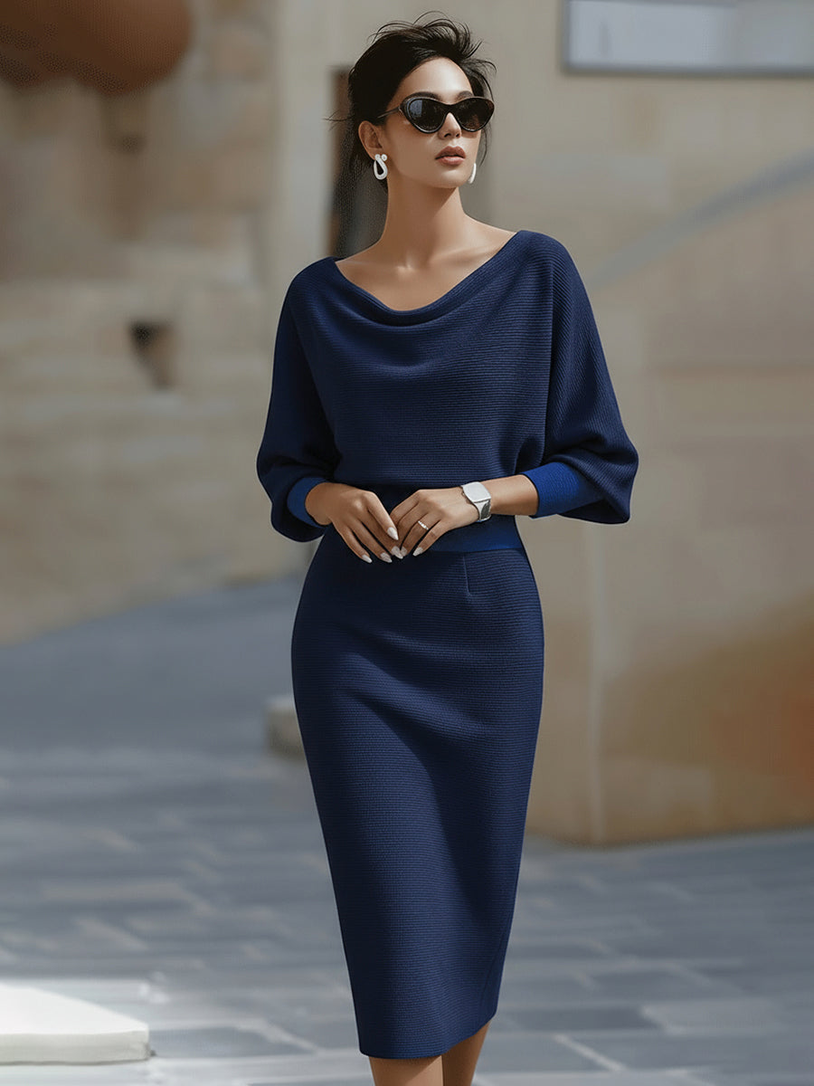 Women's Ribbed Knit Midi Dress with Draped Neckline and Wide Sleeves, Navy Blue, view 8