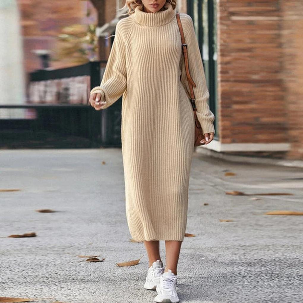 Women's Ribbed Knit Midi Dress with High Turtleneck, Cream White, view 1