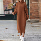 Women's Ribbed Knit Midi Dress with High Turtleneck, Caramel, view 2