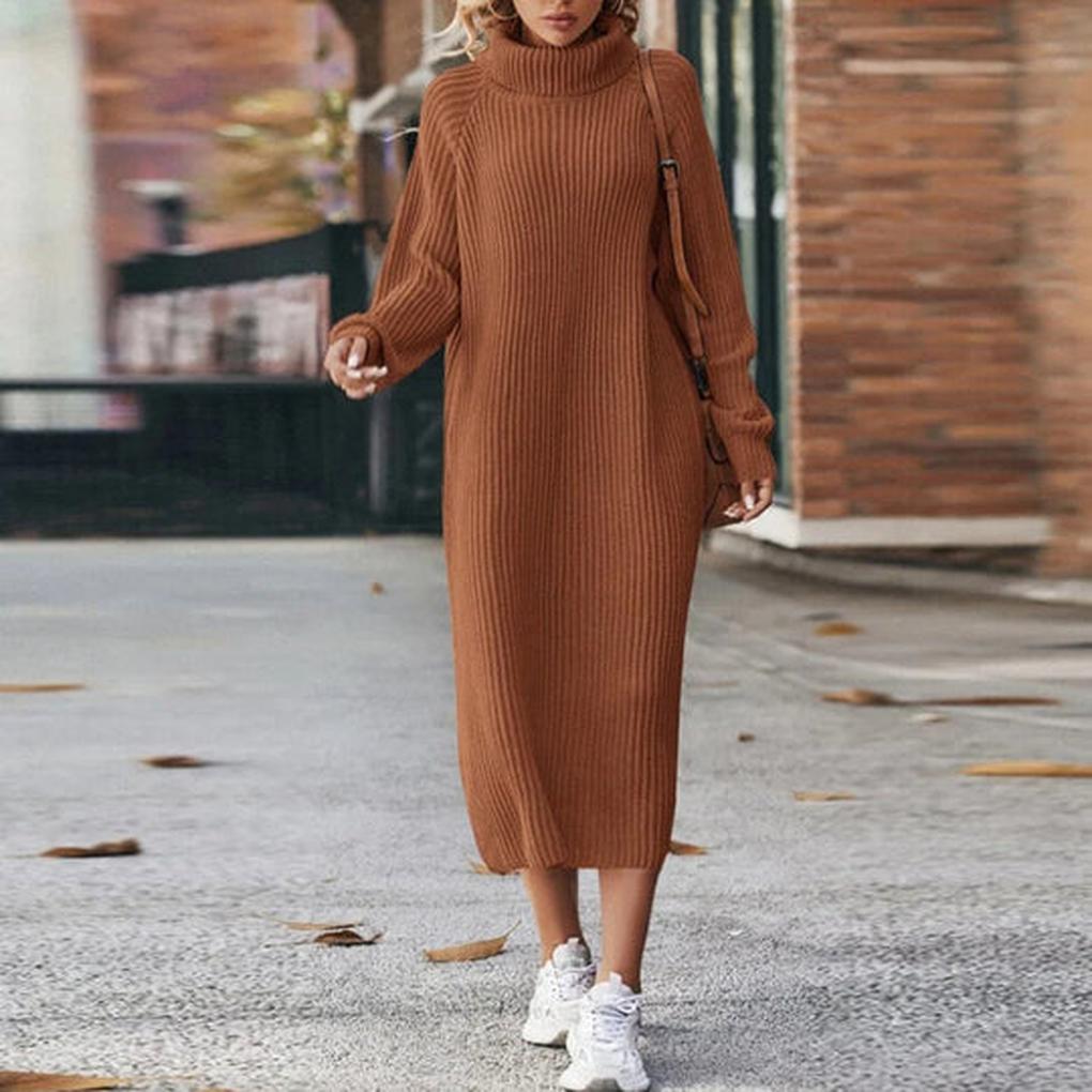 Women's Ribbed Knit Midi Dress with High Turtleneck, Caramel, view 2