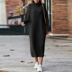 Women's Ribbed Knit Midi Dress with High Turtleneck, Black, view 3