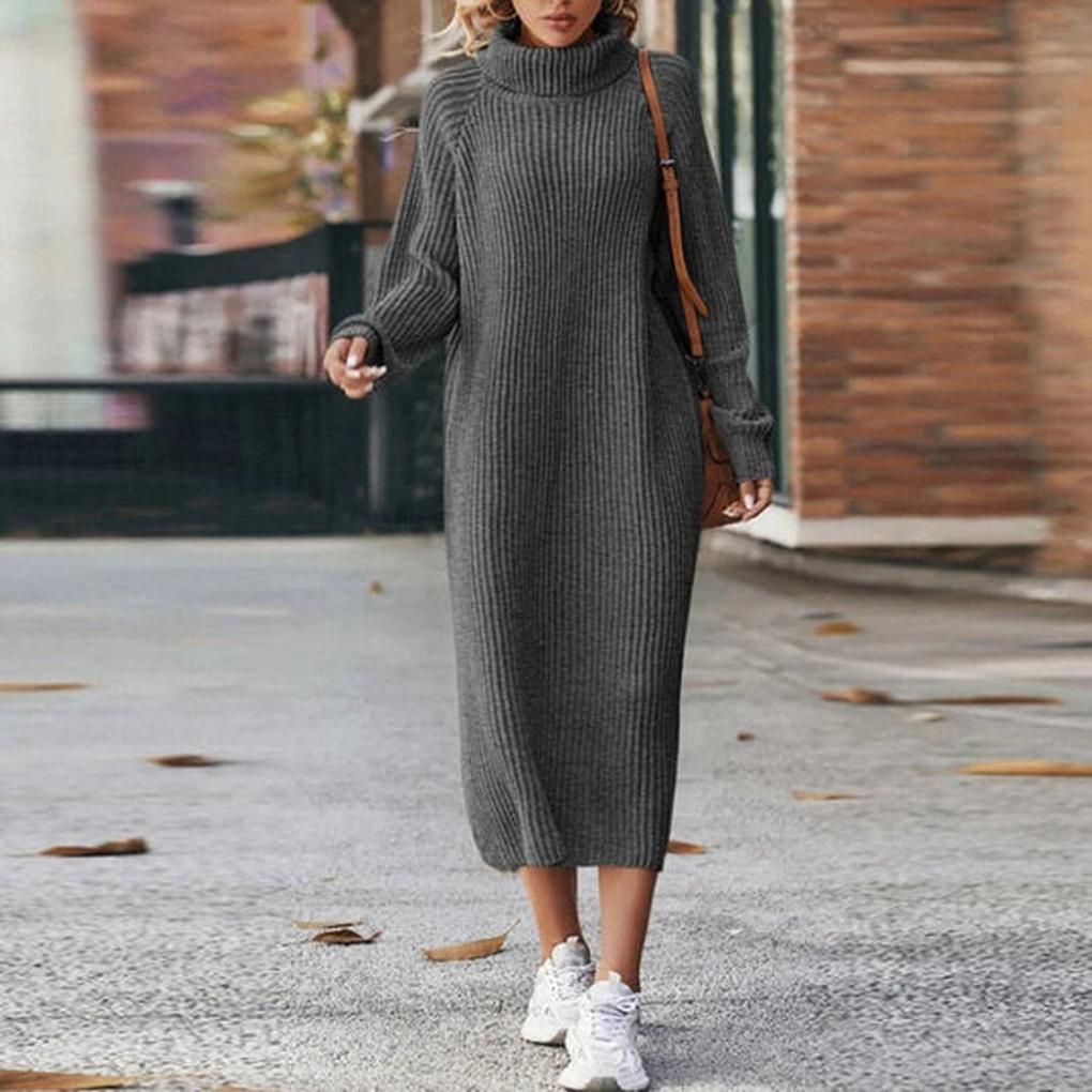 Women's Ribbed Knit Midi Dress with High Turtleneck, Grey, view 4